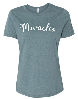 Custom Printed Apparel | St. Martha Fall 2025 - Women's Slate T-Shirt Miracles Script Design - St. Martha F25 - 18497