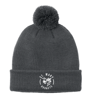 Custom Printed Apparel | St. Mary Holiday Store | Adult Dark Grey Cozy Pom Beanie "White Hornet Badge" - St. Marys W25 - 18786