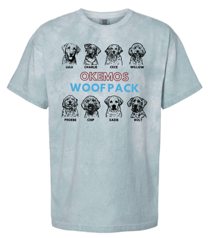 Custom Printed Apparel | Woof Pack Holiday 2025 - Adult Unisex T-Shirt "Woof Pack Dogs" (Grey/Light Blue) - Woof Pack W25 - 18763