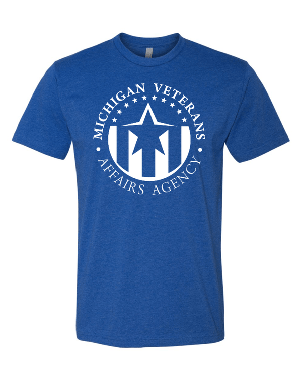 Custom Apparel - Screen Printing - Michigan Veterans Affairs Agency - Unisex Blue Full Logo T-Shirt - Michigan Veterans Affairs Agency