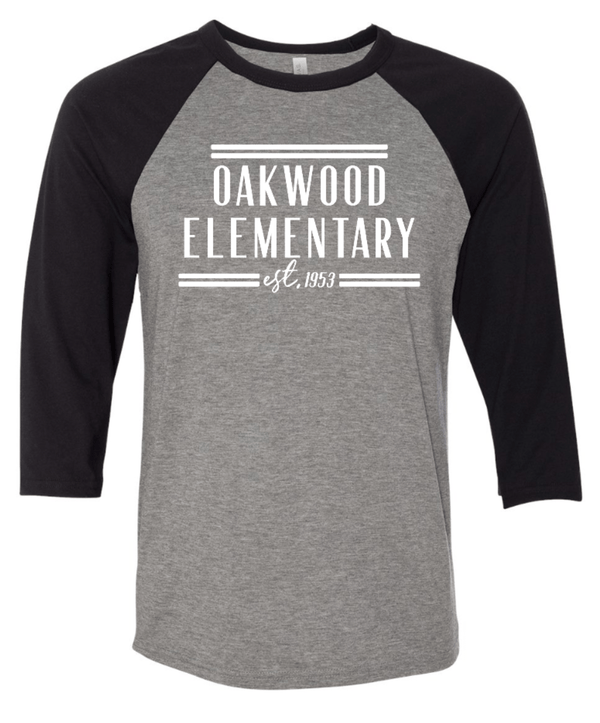 Custom Apparel - Screen Printing - Oakwood Elementary - Est. 1953 Baseball 3/4 Shirt - Oakwood Elementary
