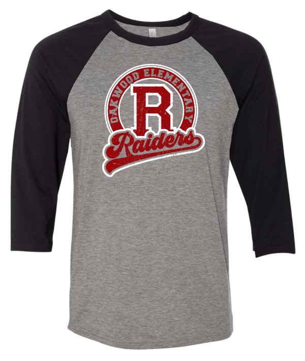 Custom Apparel - Screen Printing - Oakwood Elementary - Raiders Vintage Baseball 3/4 Shirt - Oakwood Elementary