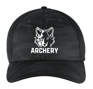 Custom Apparel - Screen Printing - Okemos Archery - New Era Black Camo Embroidered Fitted Trucker Hat - Okemos Archery Winter 2022