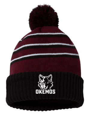 Custom Apparel - Screen Printing - Okemos Montessori - Embroidered Striped Pom Cuffed Beanie - Okemos Montessori at Central
