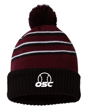 Custom Apparel - Screen Printing - Okemos Softball Club – Stripe Pom Cuffed Beanie - Okemos Softball Club 2023