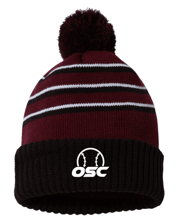 Custom Apparel - Screen Printing - Okemos Softball Club – Stripe Pom Cuffed Beanie - Okemos Softball Club 2023